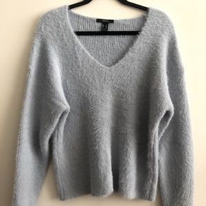 Forever 21 Light Blue Fuzzy Knit V-Neck Sweater